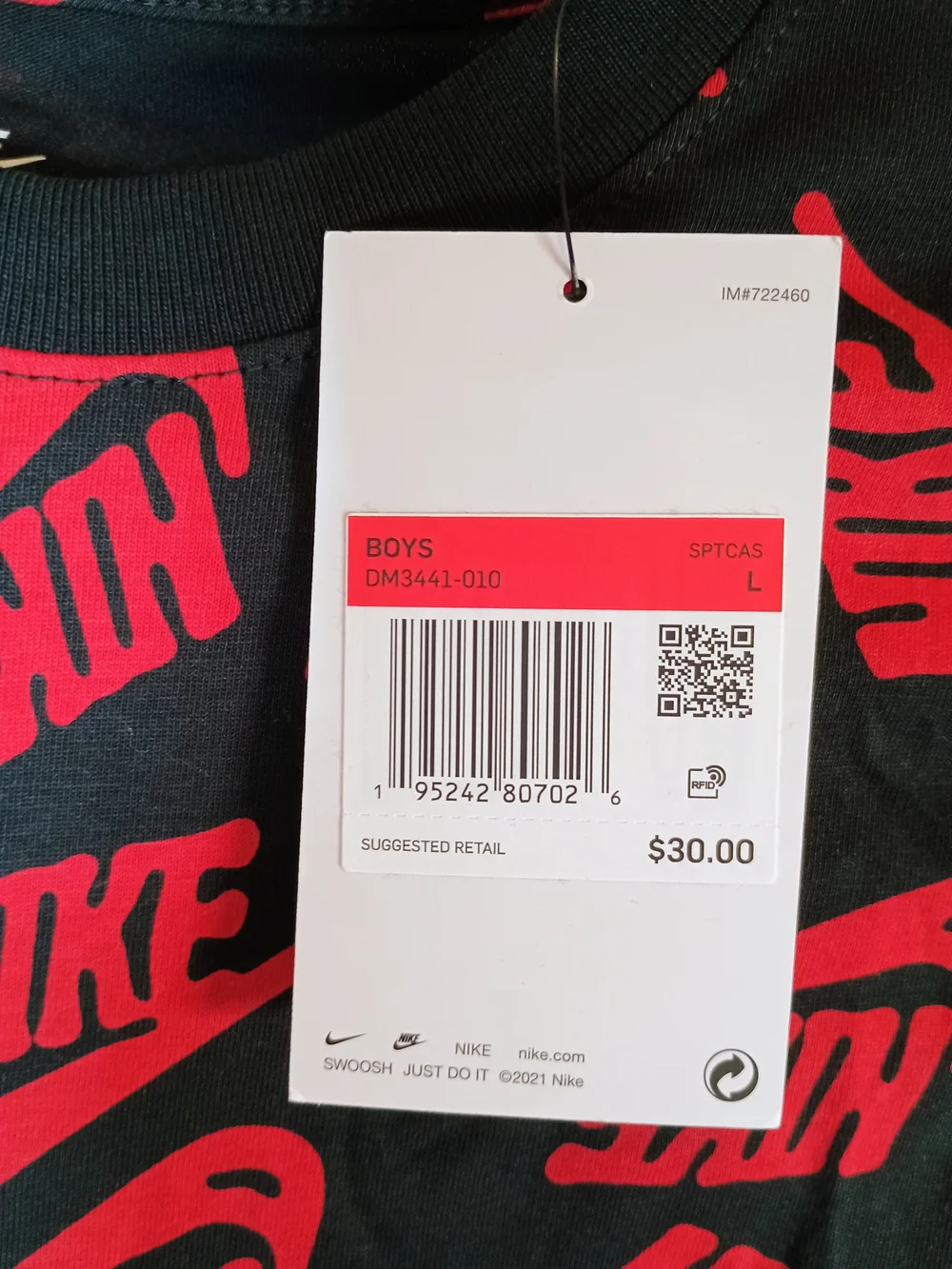 Nike Boys L Black/Red Long Sleeve Crew Neck Logo Graphic T-Shirt DM3441-010 NWT